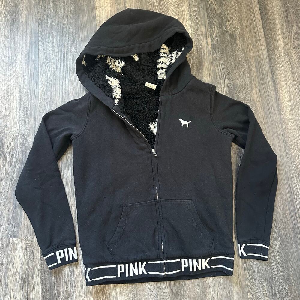 PINK Victoria’s Secret Black Sherpa Lined Zip Up Hoodie‎ XS